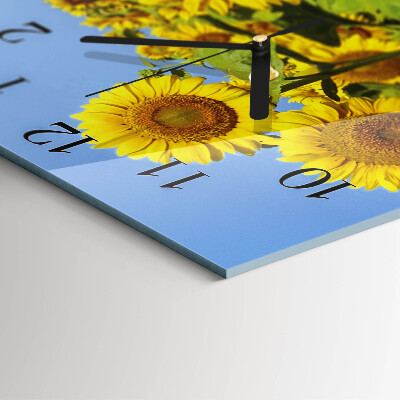 Vierkante glazen wandklok Zonnebloemen