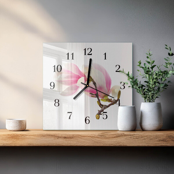 Vierkante glazen wandklok Magnolia bloem