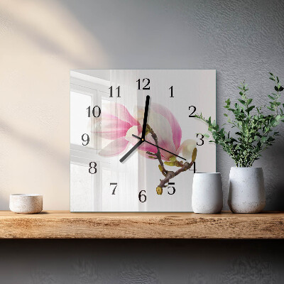 Vierkante glazen wandklok Magnolia bloem