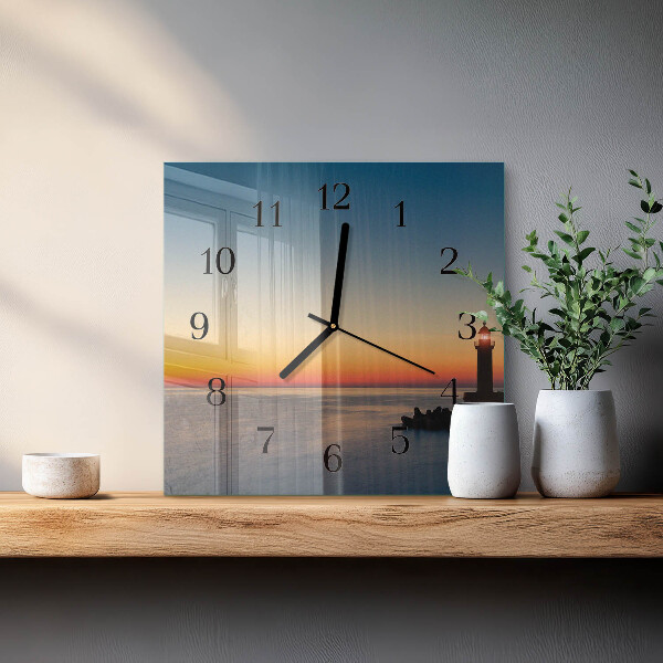 Vierkante glazen wandklok Vuurtoren Zee