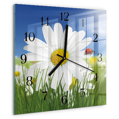 Vierkante glazen wandklok Bloem en lieveheersbeestje