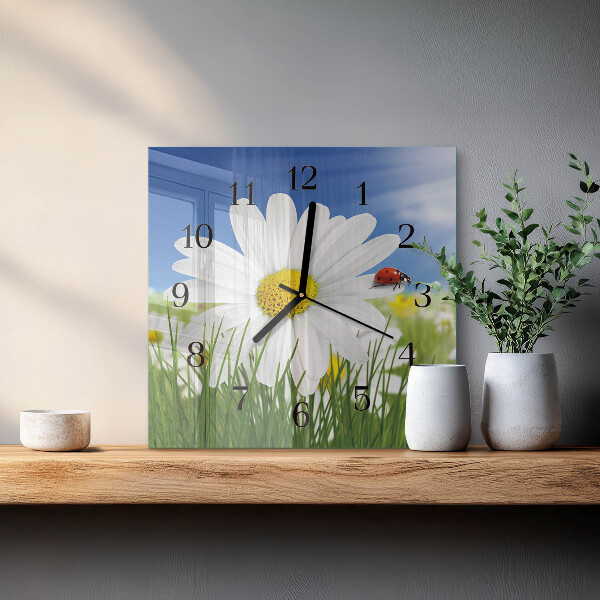 Vierkante glazen wandklok Bloem en lieveheersbeestje