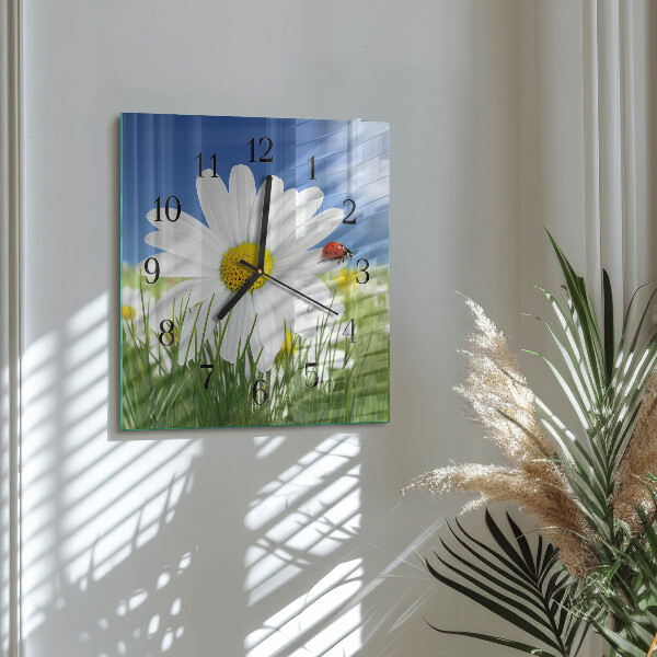 Vierkante glazen wandklok Bloem en lieveheersbeestje