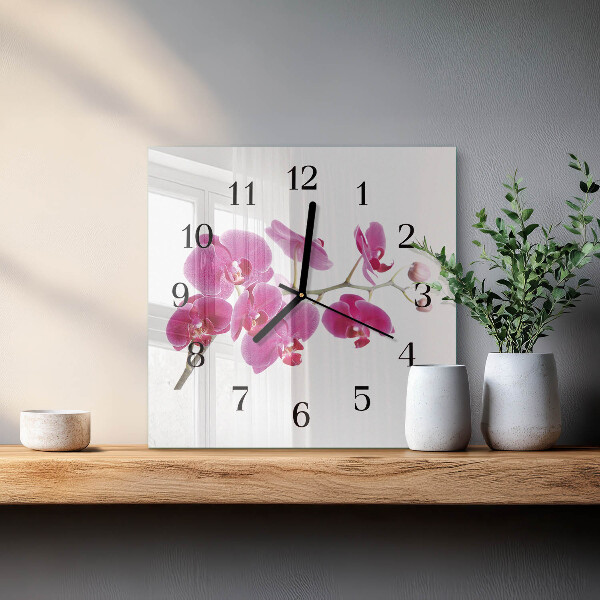 Vierkante glazen wandklok Orchidee