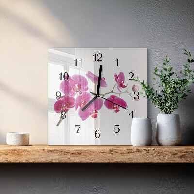 Vierkante glazen wandklok Orchidee