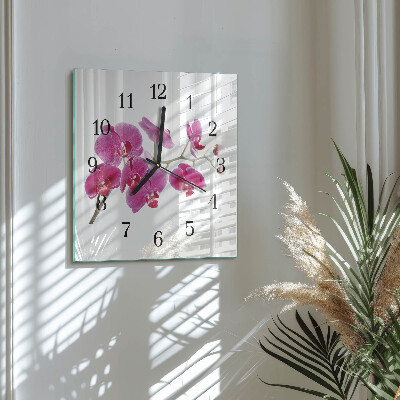 Vierkante glazen wandklok Orchidee