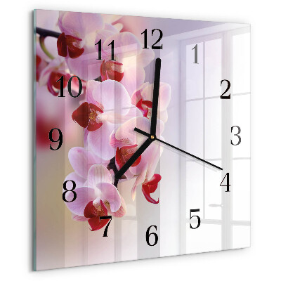 Vierkante glazen wandklok Orchidee