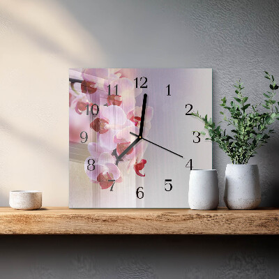 Vierkante glazen wandklok Orchidee