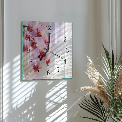 Vierkante glazen wandklok Orchidee