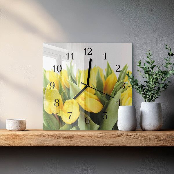 Vierkante glazen wandklok Tulpenbloemen