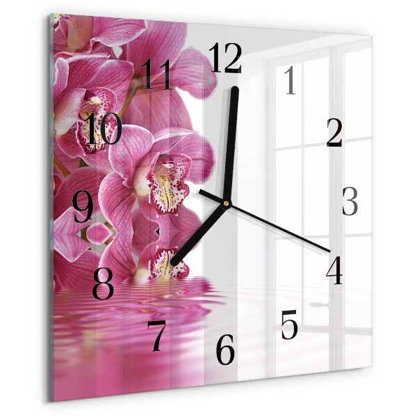 Vierkante glazen wandklok Orchidee