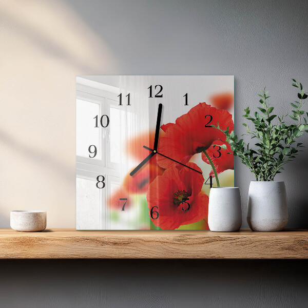Vierkante glazen wandklok Klaprozen