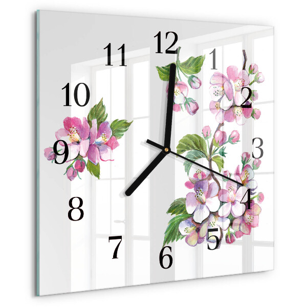 Vierkante glazen wandklok Bloemen