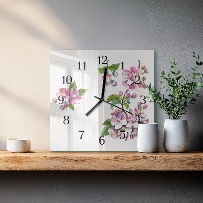 Vierkante glazen wandklok Bloemen
