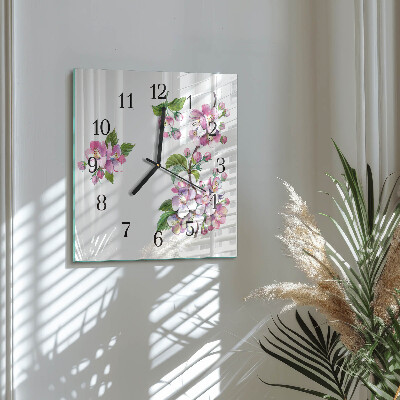 Vierkante glazen wandklok Bloemen