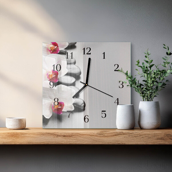 Vierkante glazen wandklok Orchideeënstenen