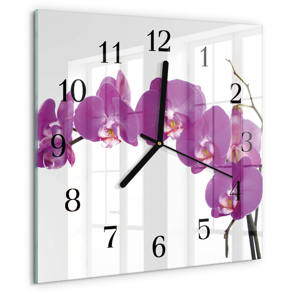 Vierkante glazen wandklok Orchidee