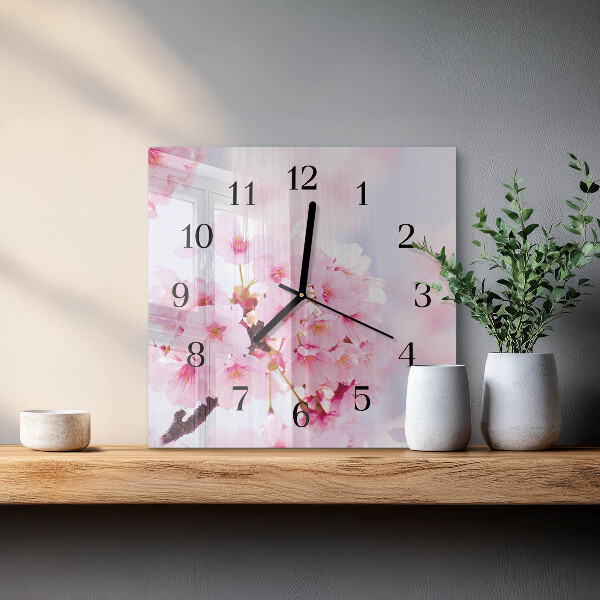 Vierkante glazen wandklok Bloemen
