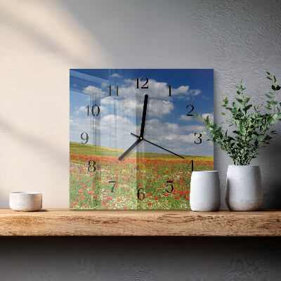 Vierkante glazen wandklok Klaproosveld