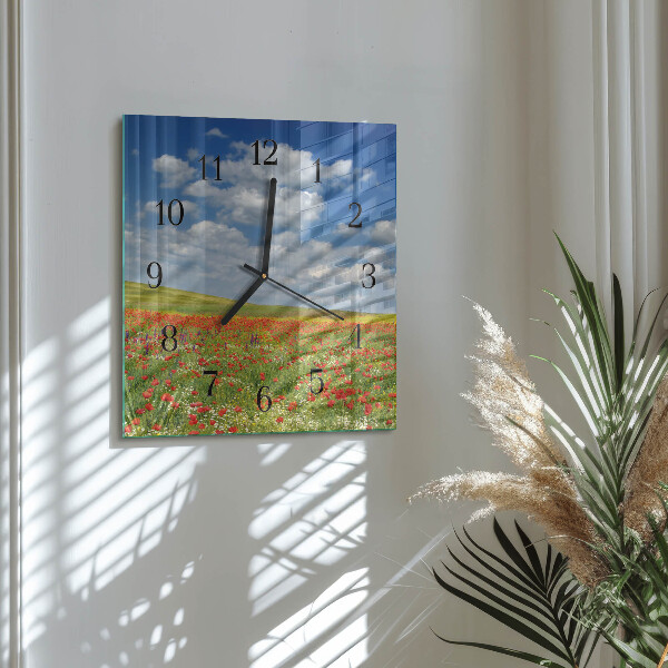 Vierkante glazen wandklok Klaproosveld