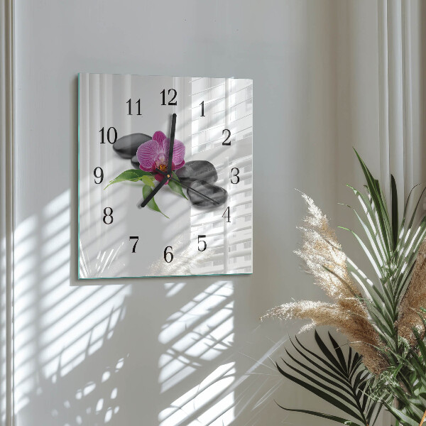 Vierkante glazen wandklok Orchidee