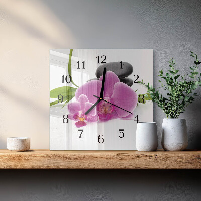 Vierkante glazen wandklok Orchidee