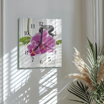 Vierkante glazen wandklok Orchidee