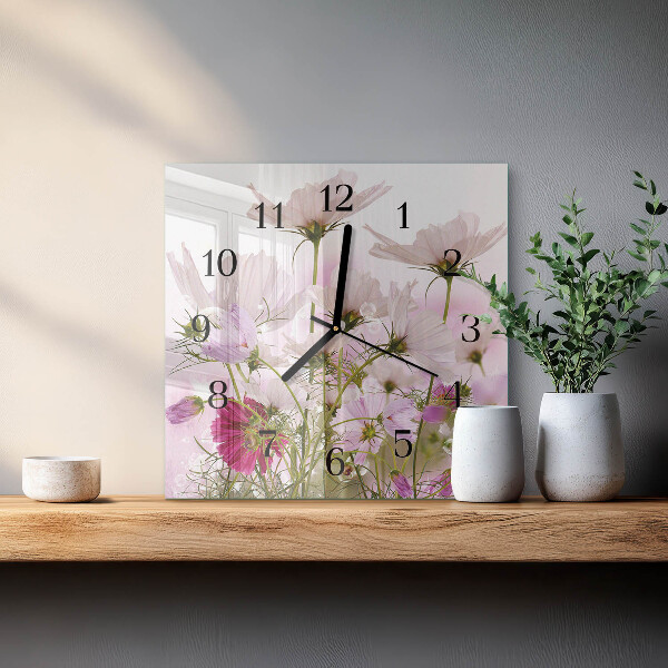 Vierkante glazen wandklok Cosmosbloemen