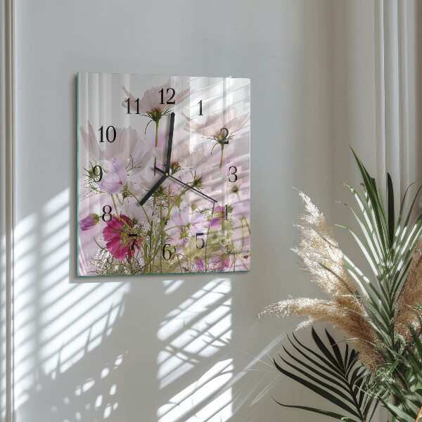 Vierkante glazen wandklok Cosmosbloemen