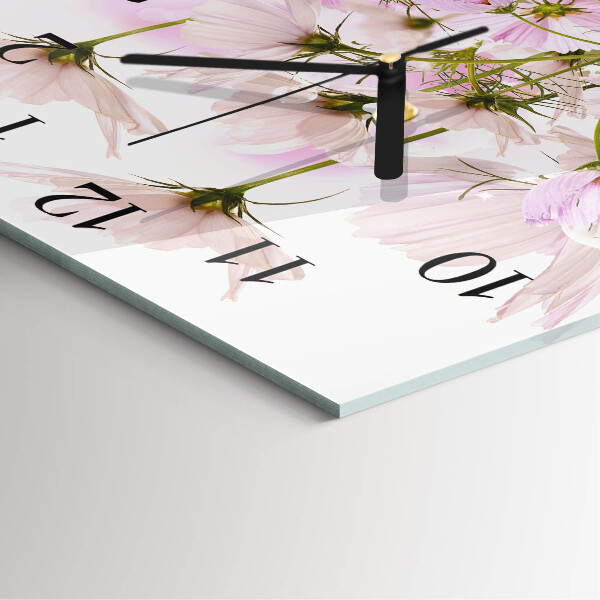 Vierkante glazen wandklok Cosmosbloemen
