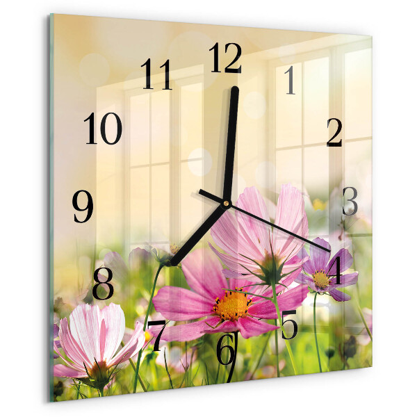 Vierkante glazen wandklok Cosmosbloemen