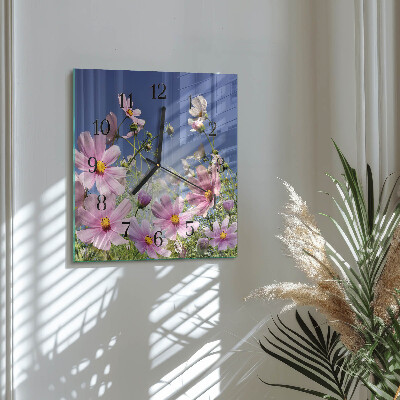 Vierkante glazen wandklok Cosmosbloemen