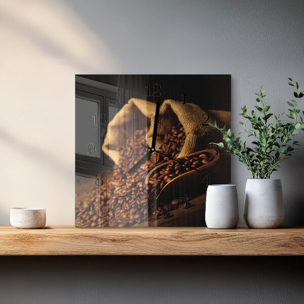 Vierkante glazen wandklok Koffiebonen