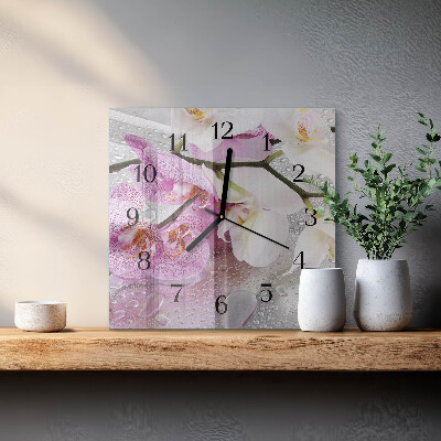 Vierkante glazen wandklok Orchidee