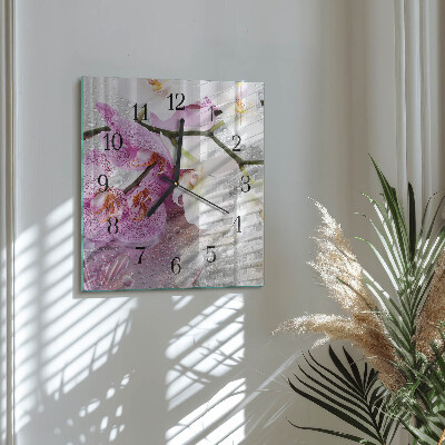 Vierkante glazen wandklok Orchidee