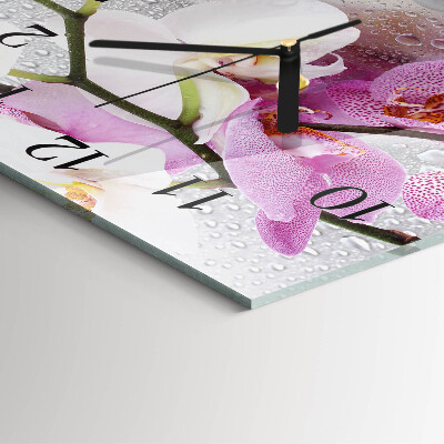 Vierkante glazen wandklok Orchidee