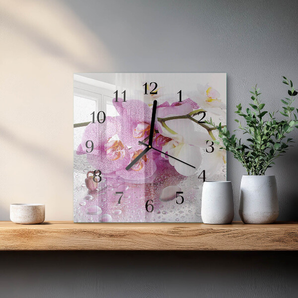 Vierkante glazen wandklok Orchidee