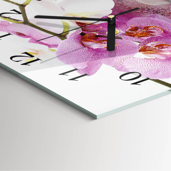 Vierkante glazen wandklok Orchidee