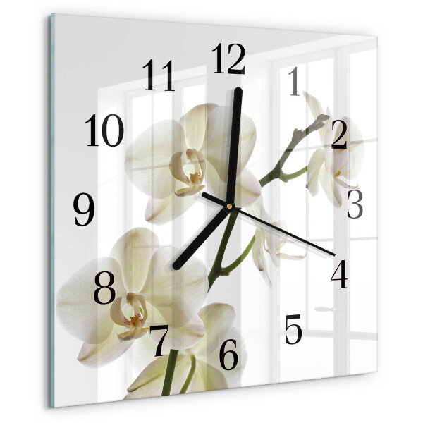Vierkante glazen wandklok Orchidee