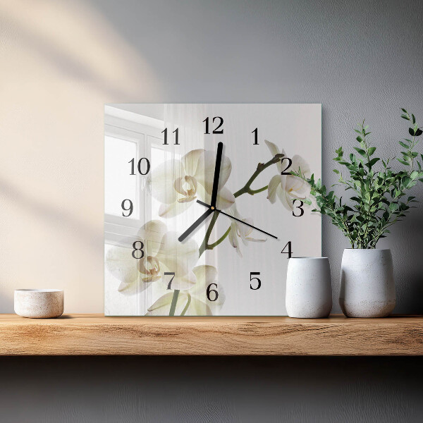 Vierkante glazen wandklok Orchidee