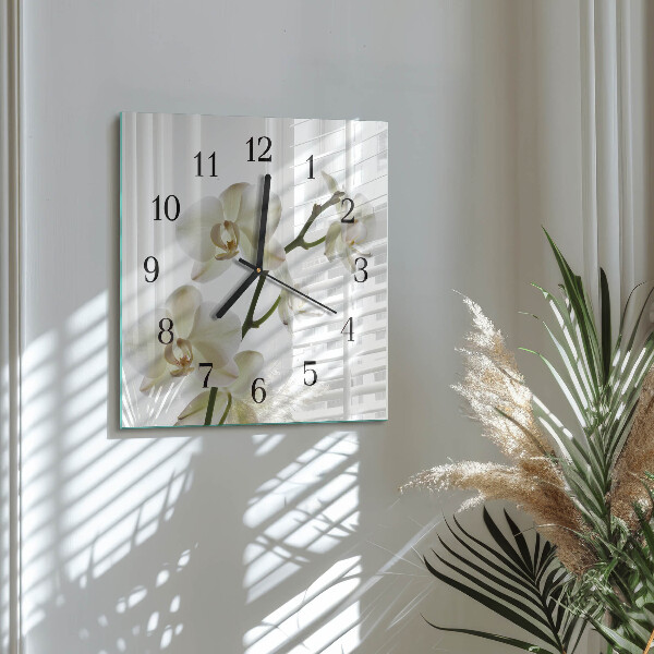 Vierkante glazen wandklok Orchidee