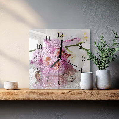 Vierkante glazen wandklok Orchidee