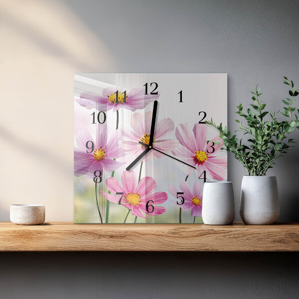Vierkante glazen wandklok Bloemen