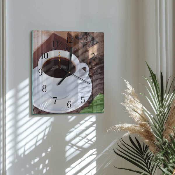 Vierkante glazen wandklok Koffie