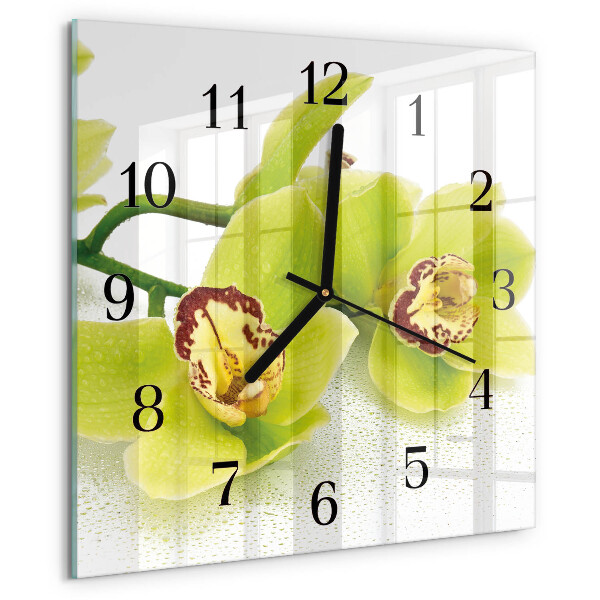Vierkante glazen wandklok Orchidee