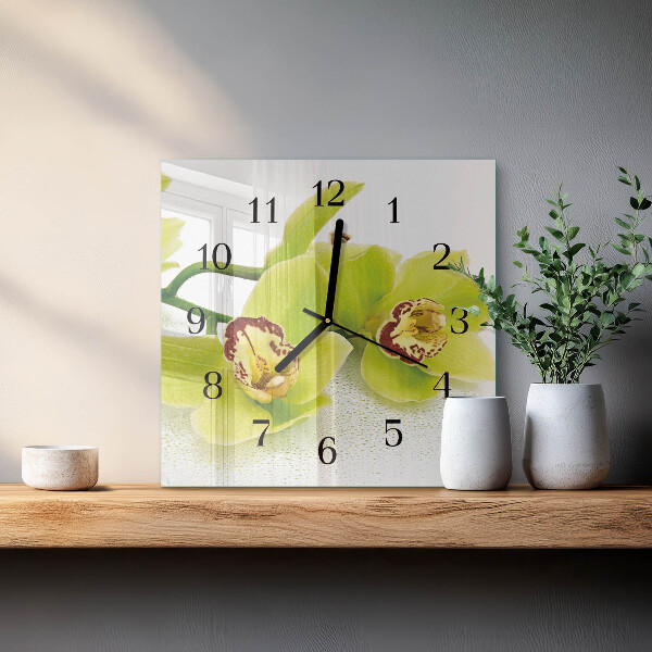 Vierkante glazen wandklok Orchidee