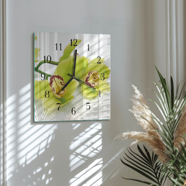 Vierkante glazen wandklok Orchidee