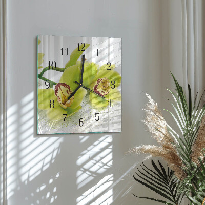 Vierkante glazen wandklok Orchidee
