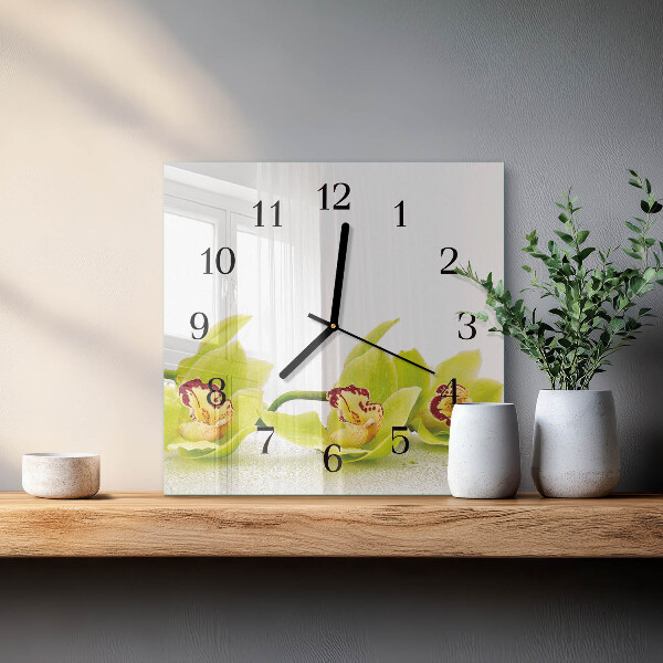 Vierkante glazen wandklok Orchidee