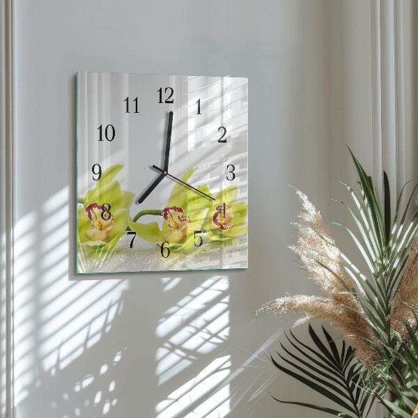 Vierkante glazen wandklok Orchidee